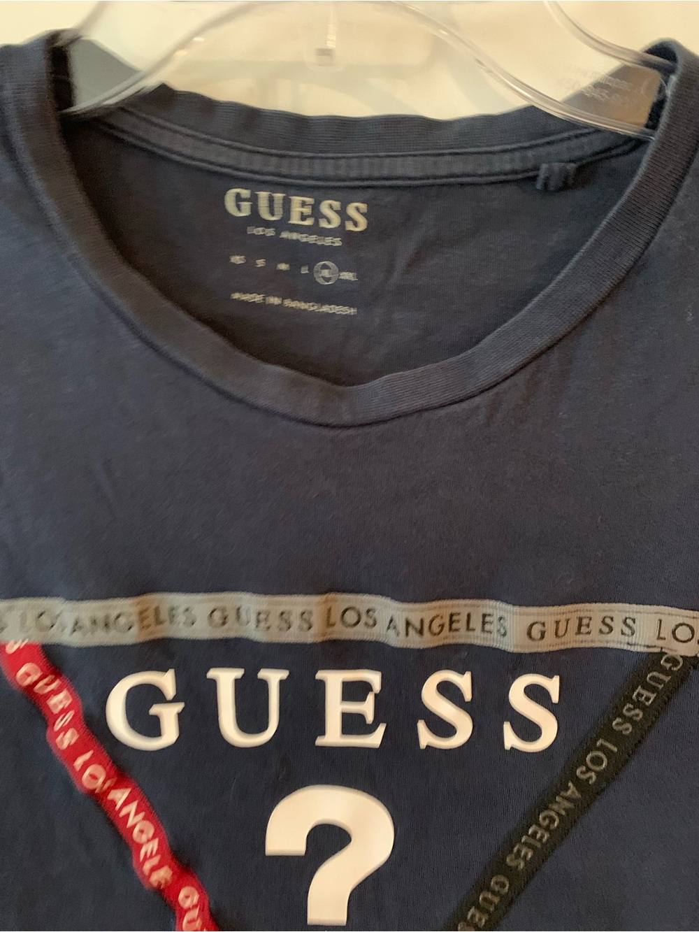 GUESS Navy Tee with White Logo and Red & Dark Green Accents